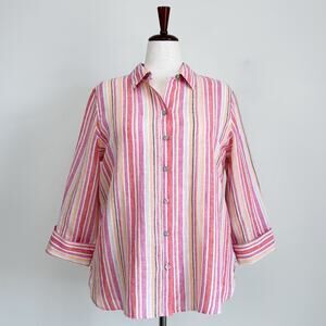 Chico's No Iron Linen 3/4 Sleeve Stripe Collared Shirt